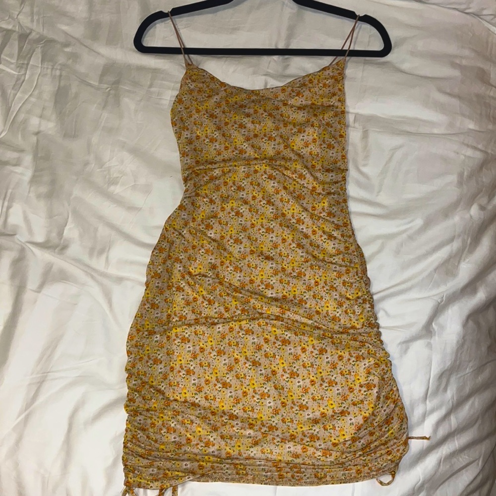 Yellow and Orange Floral Tie Side Mini Dress